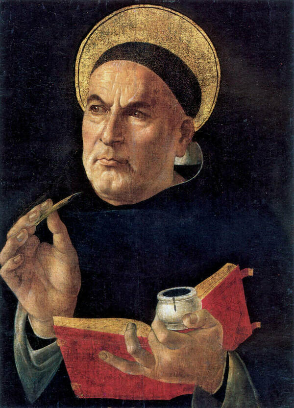 Thomas Aquinas, dressed in Dominican habit with mantle, haloed, holding feather pen, inkwell, and codex.