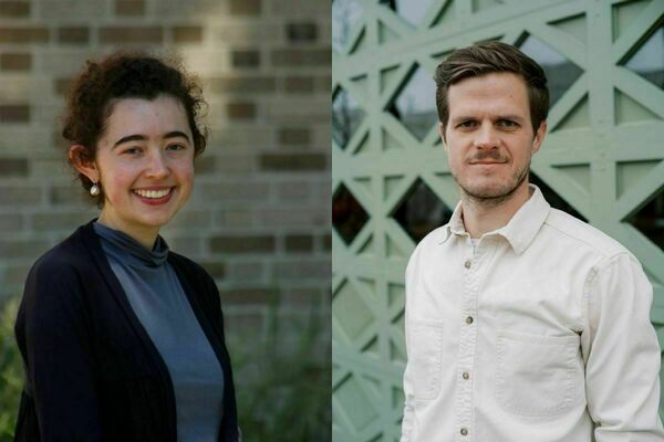 adjacent photos of Young woman with curly brown hair, wearing a blue sweater and black cardigan, smiling before brick wall; and young man with brown hear and short beard, wearing white oxford shirt, standing before green wall with small diamond shaped windows.