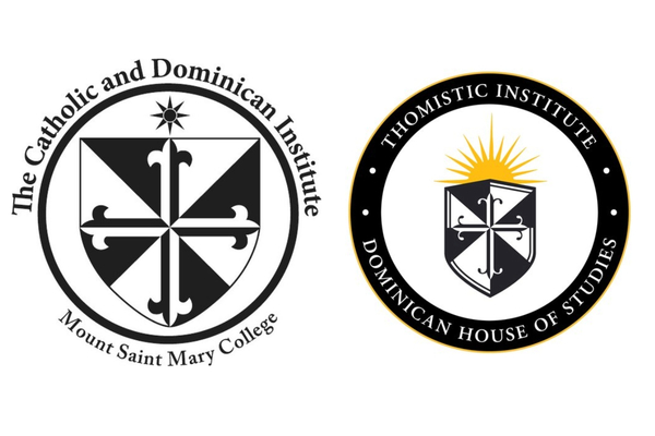 seals of Catholic and Dominican Institute (Mount Saint Mary College) and Thomistic Institute (Dominican House of Studies), both featuring Dominican crest of black and white cross before black and white shield.