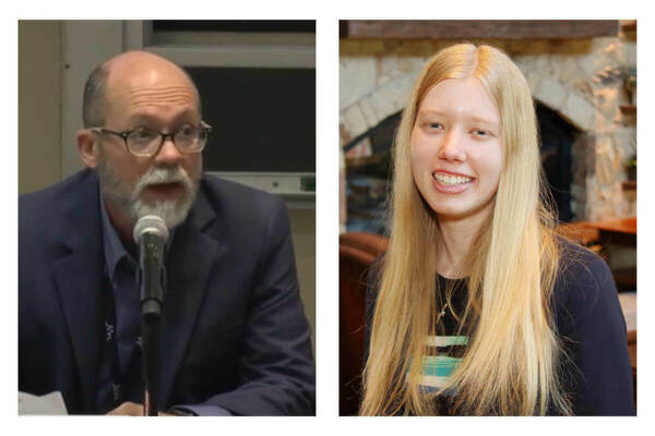 Two photos, left of man with gray beard and glasses seated before microphone; right of young woman with blond hair standing before mantle.