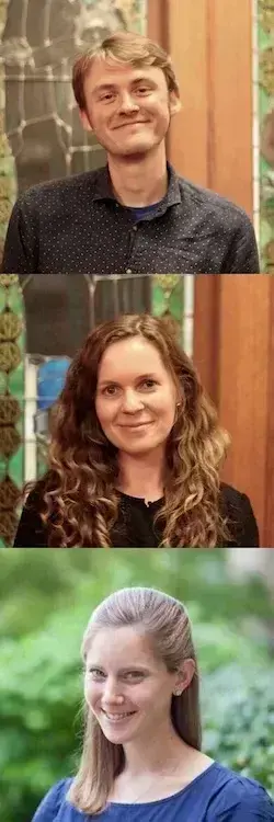 Three headshots: Smiling man in a dark polka-dot shirt; woman with long curly brown hair; woman in a blue top.