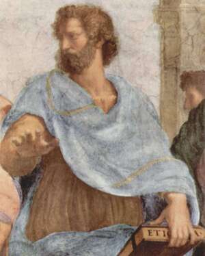 Painting of young man with brown hair and beard, wearing a brown Greek tunic and blue mantle, carrying a codex inscribed with the title "Etica" in one hand, with his other hand motioning downward with an open palm.